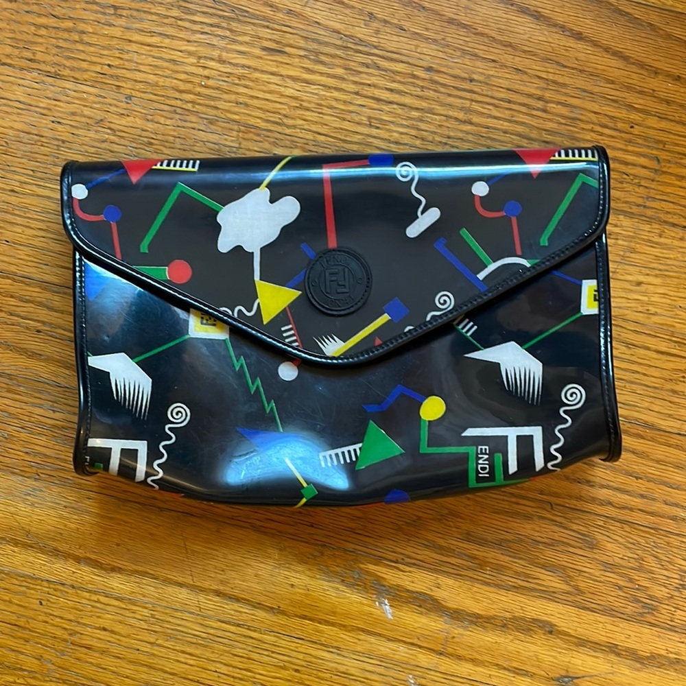 Vtg Fendi vinyl Memphis logo printed clutch